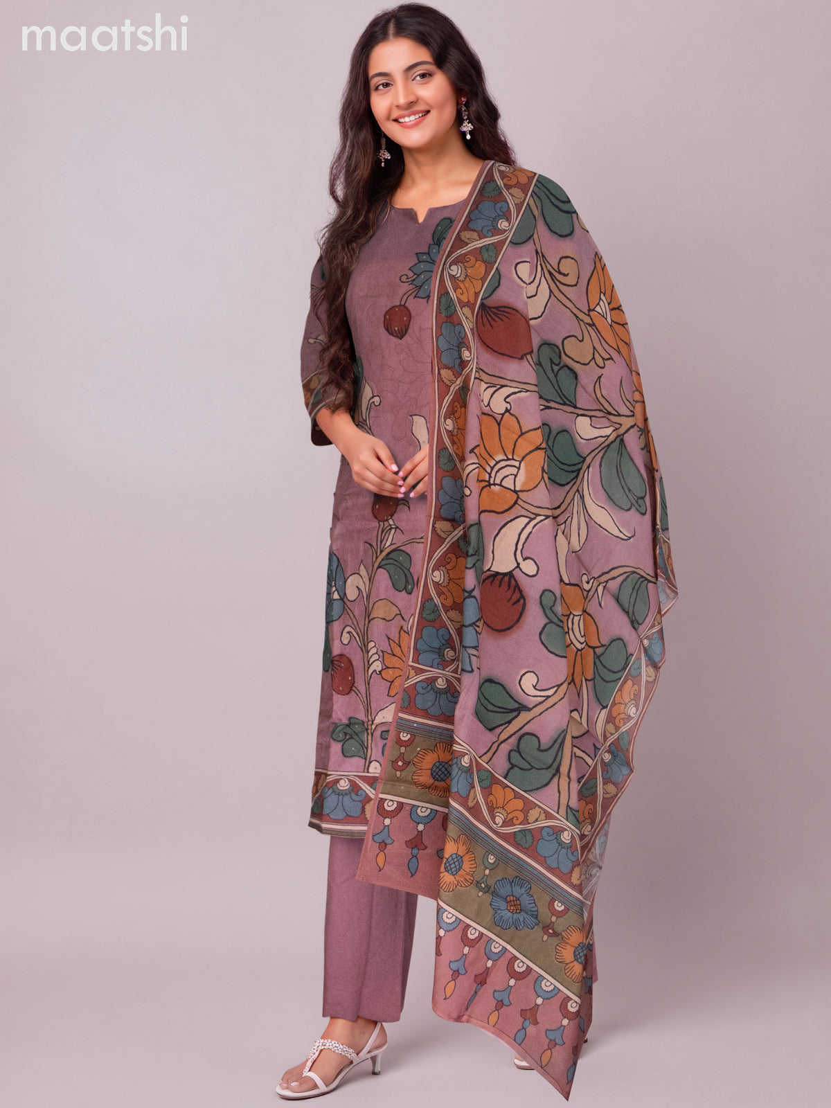 Chanderi salwar suit mauve pink with kalamkari prints & simple neck pattern and straight cut pant & dupatta