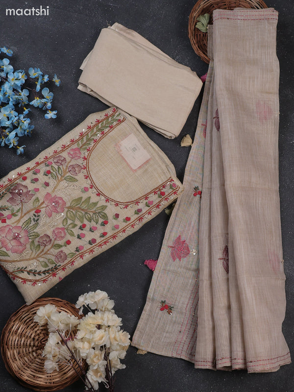Cream Tissue Dress Material With Kantha Stitch Work Neck Pattern