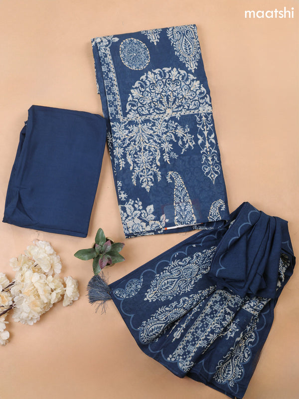 Peacock Blue Mul Chanderi Dress Material With Prints & Kantha Stitch Work Pattern