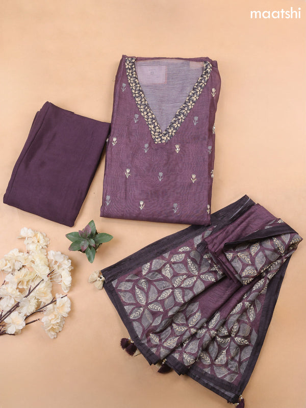 Wine Chanderi Dress Material With Kantha Stitch Work Pattern