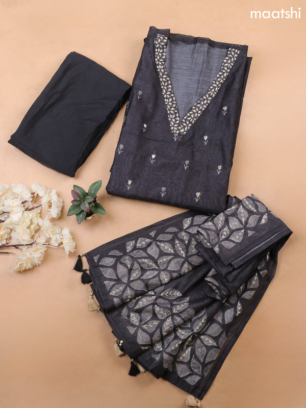 Black Chanderi Dress Material With Kantha Stitch Work Pattern