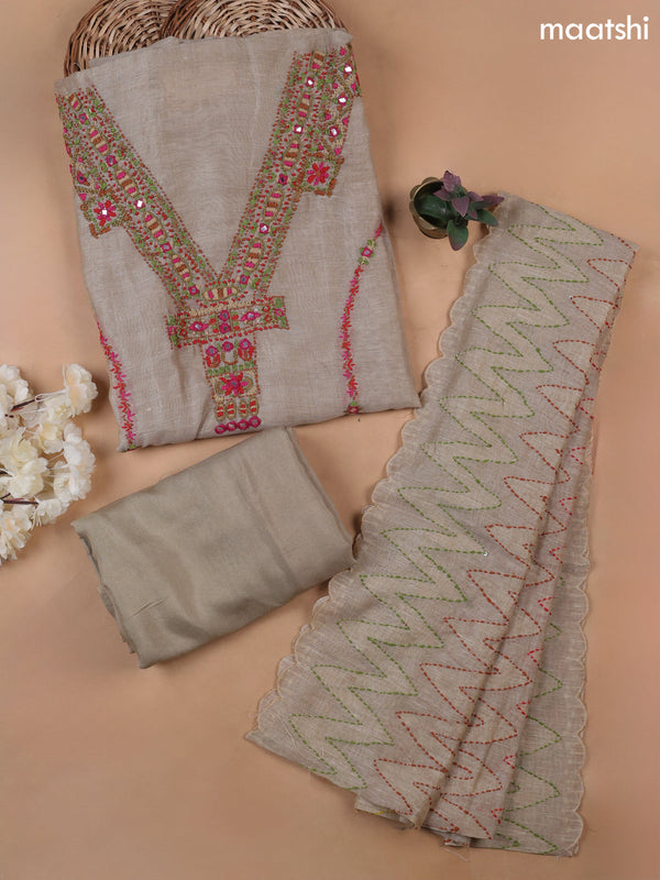 Beige Munga Cotton Dress Material With French Knot & Embroidery Work Neck Pattern