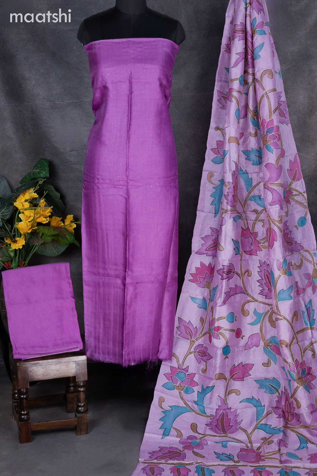 Pure tussar dress material purple and lavender shade with knot work and bottom & pita work dupatta