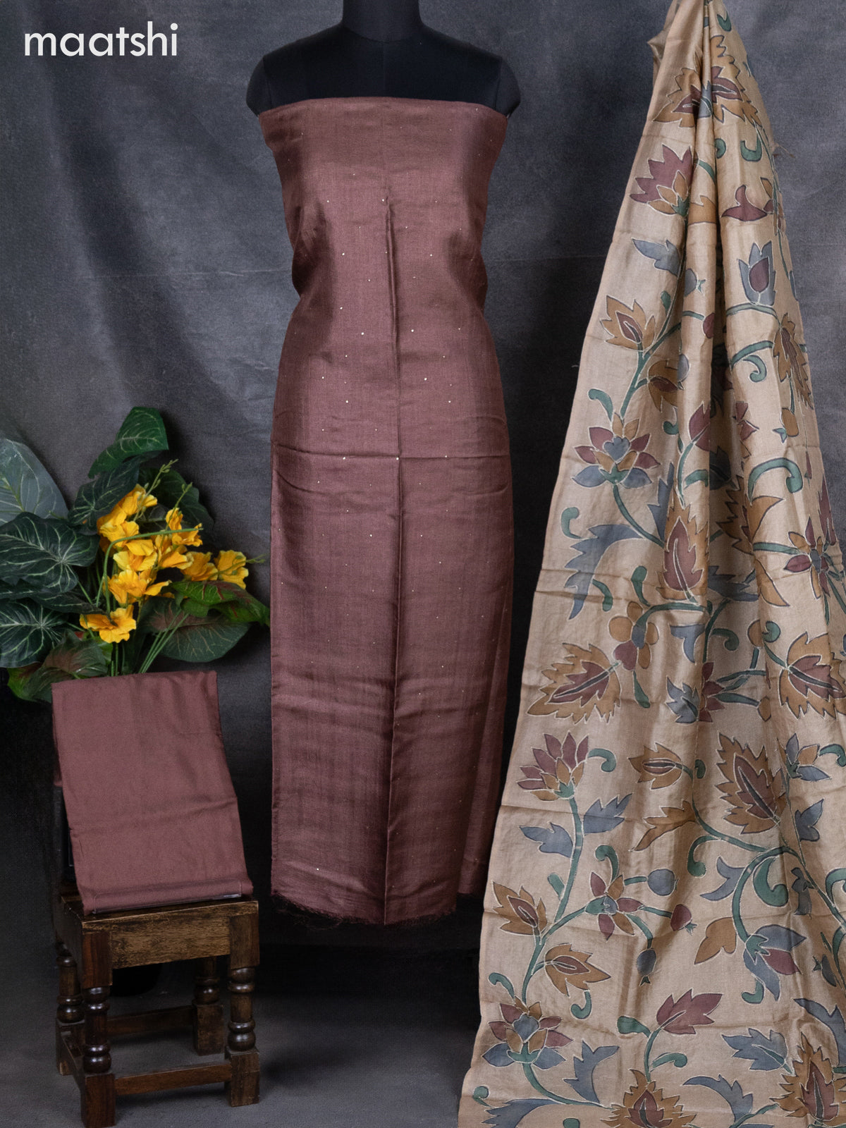 Pure tussar dress material brown and sandal with knot work and bottom & pita work dupatta