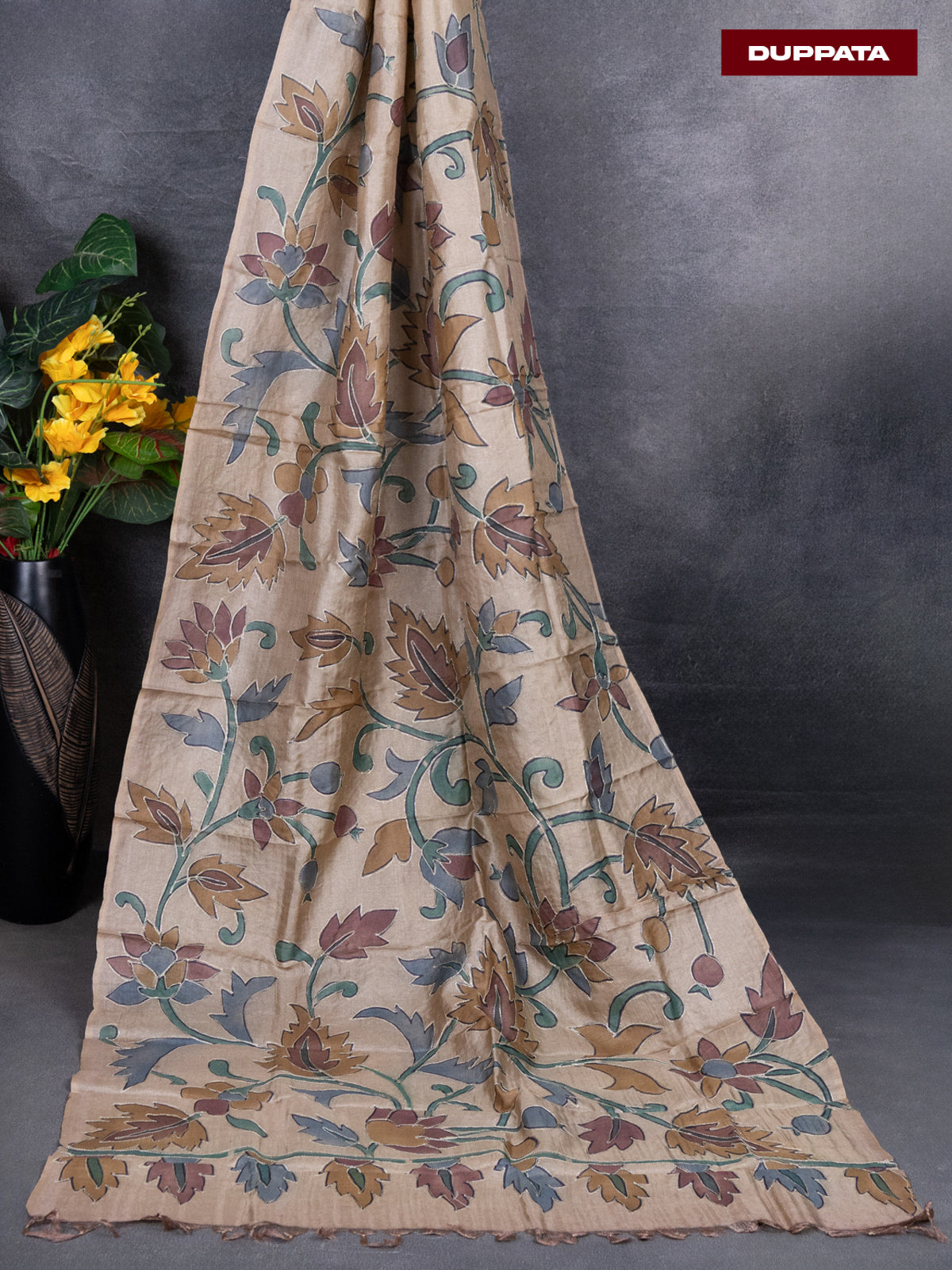 Pure tussar dress material brown and sandal with knot work and bottom & pita work dupatta