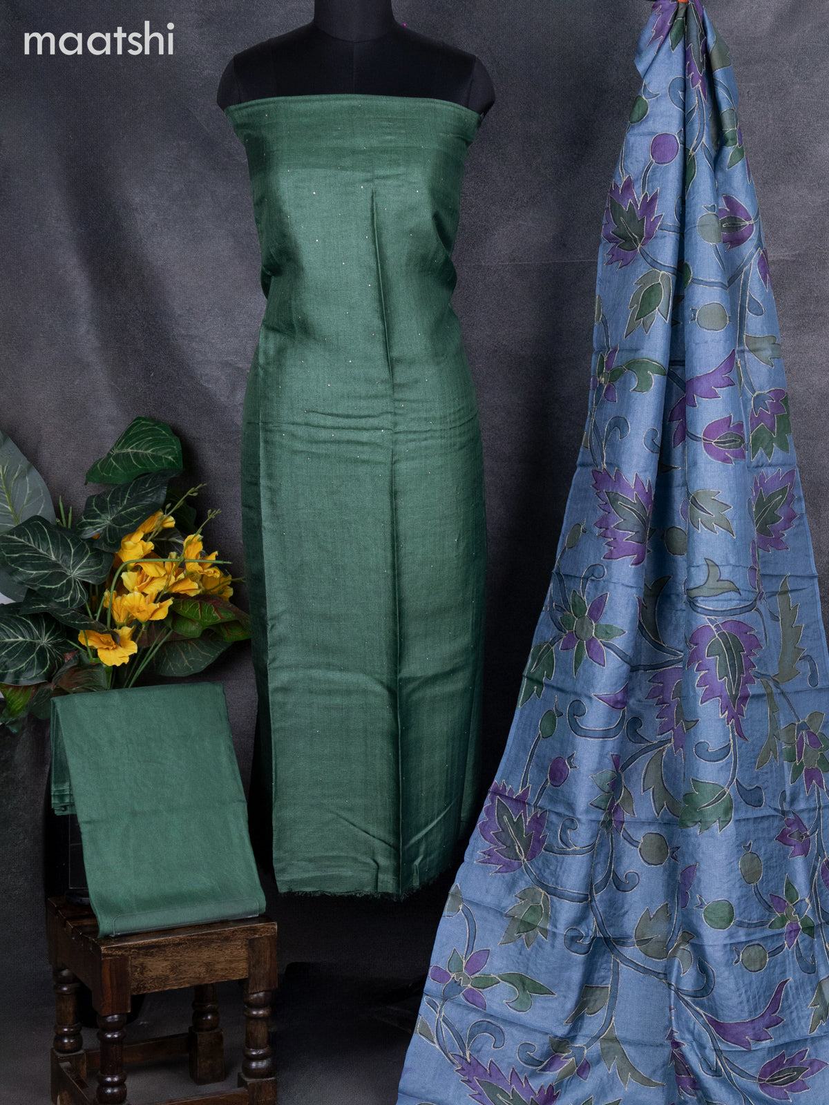 Pure tussar dress material green and pastel blue with knot work and bottom & pita work dupatta