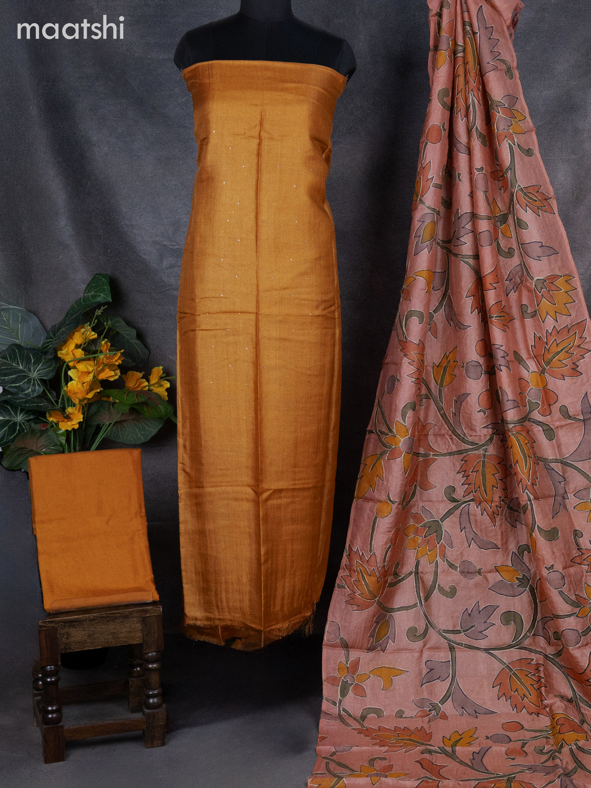 Pure tussar dress material mustard yellow and peach shade with knot work and bottom & pita work dupatta