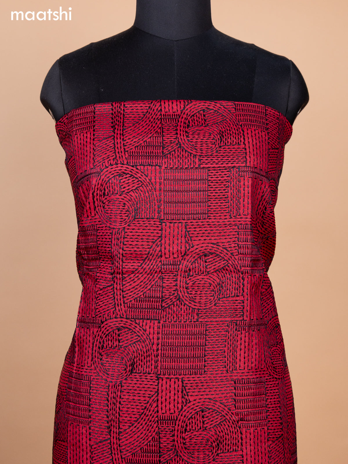 Red and Black Pure Tussar Dress Material With Allover Kantha Stitch Work