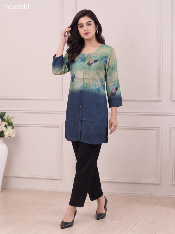Peacock Green and Multi Colour Muslin Printed Short Kurti