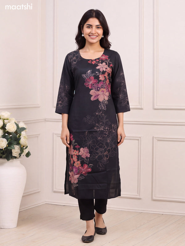 Black Art Silk Floral Printed & Embroidery Work Straight Kurti