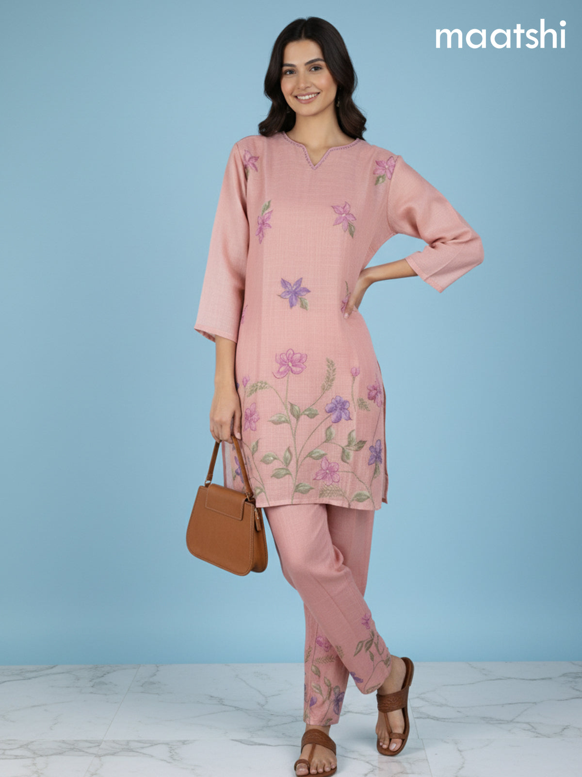 Peach Pink Linen Floral Printed Co-Ord Set