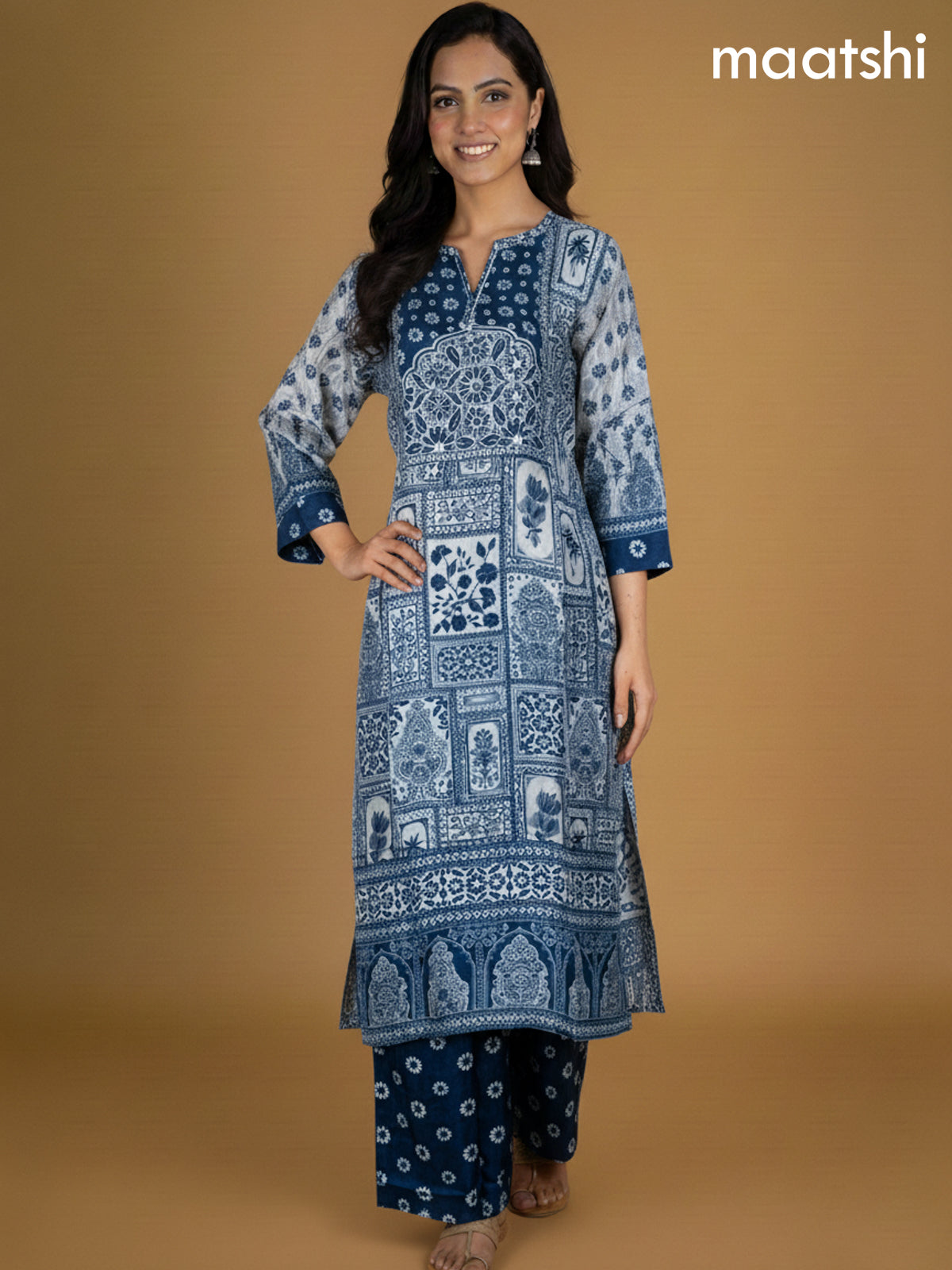 Blue and Grey Shade Dola Silk Printed Straight Suit