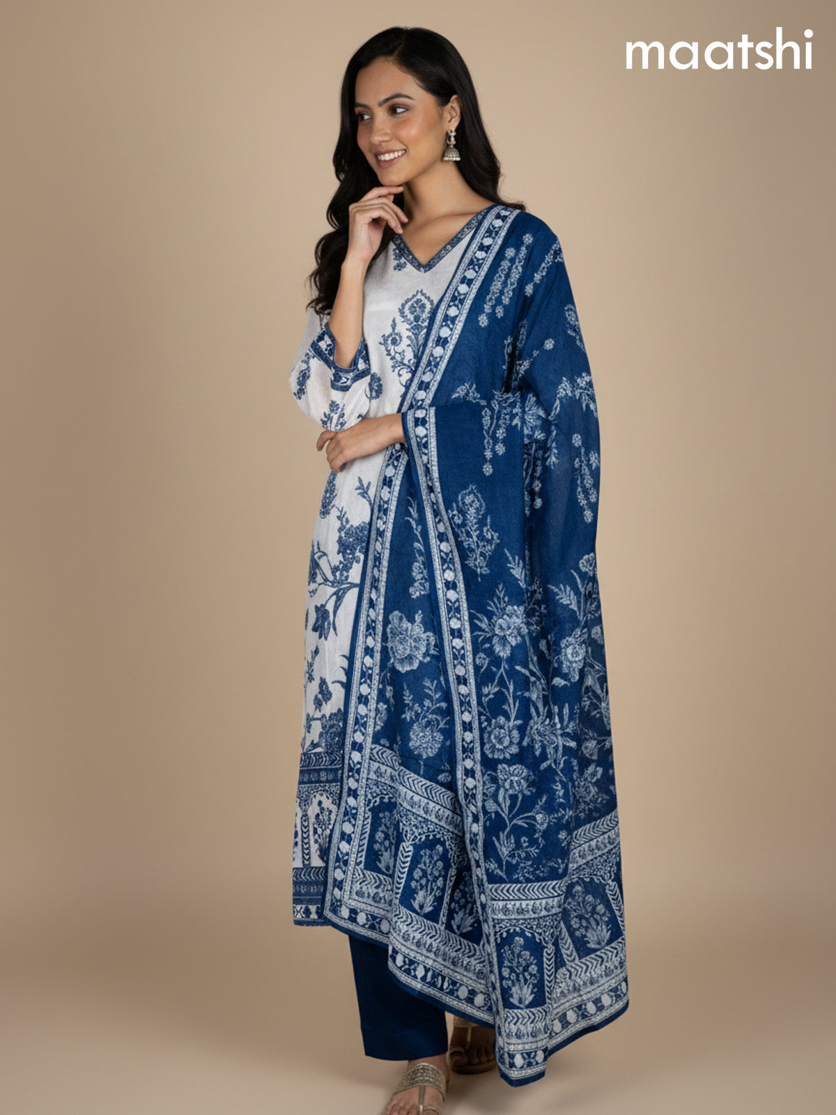 Pastel Grey and Blue Dola Silk Printed Straight Suit
