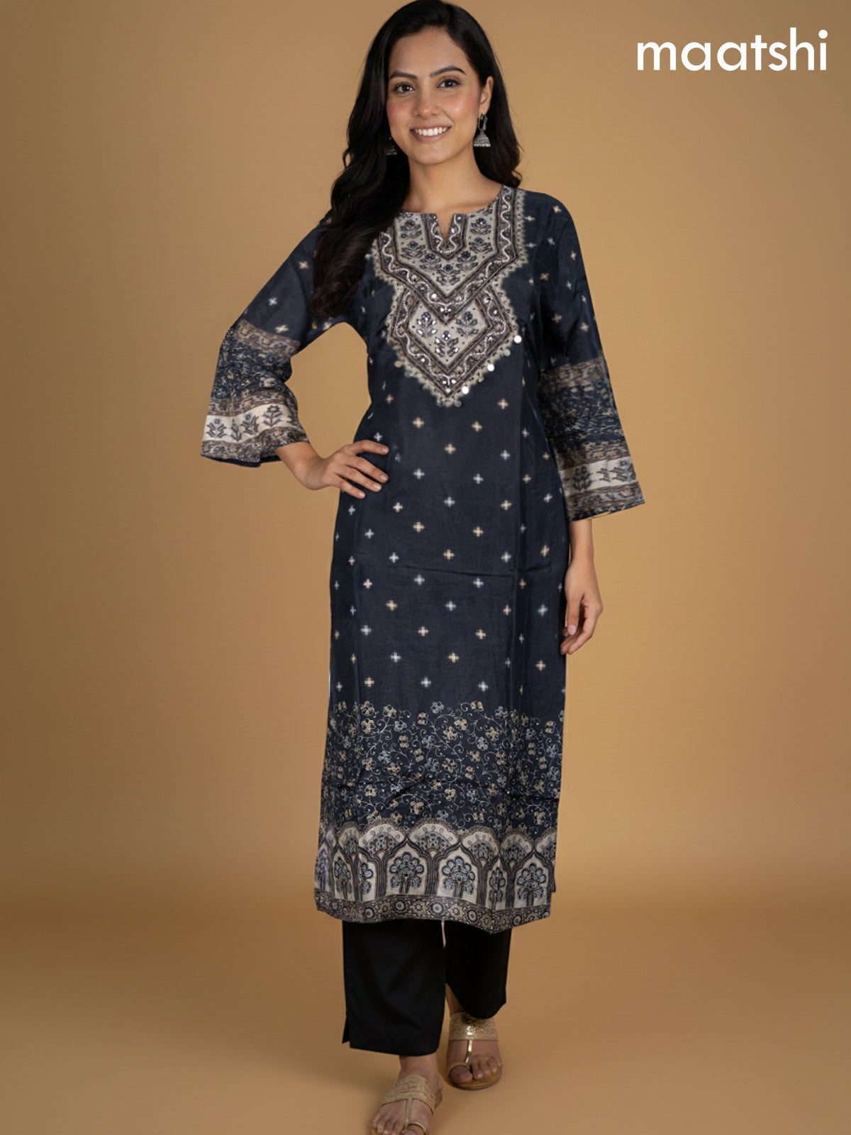 Black Russian Silk Printed Straight Suit