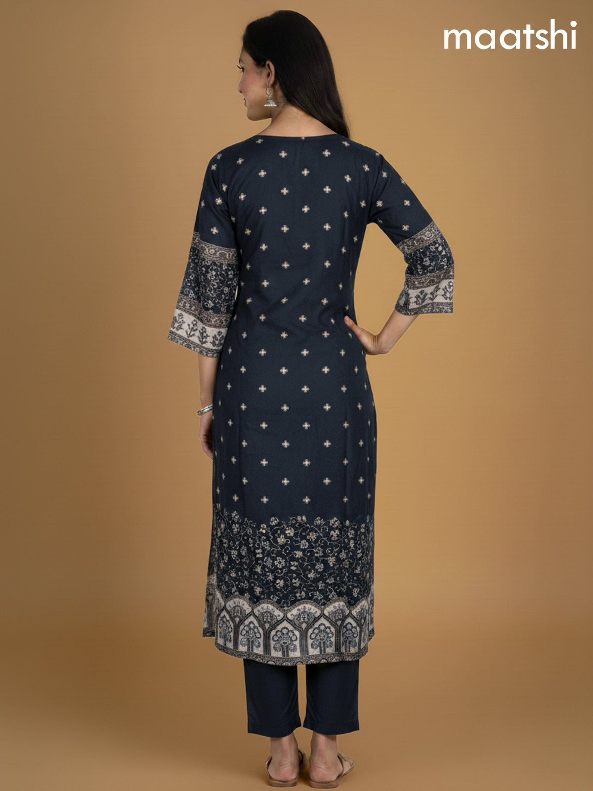 Black Russian Silk Printed Straight Suit