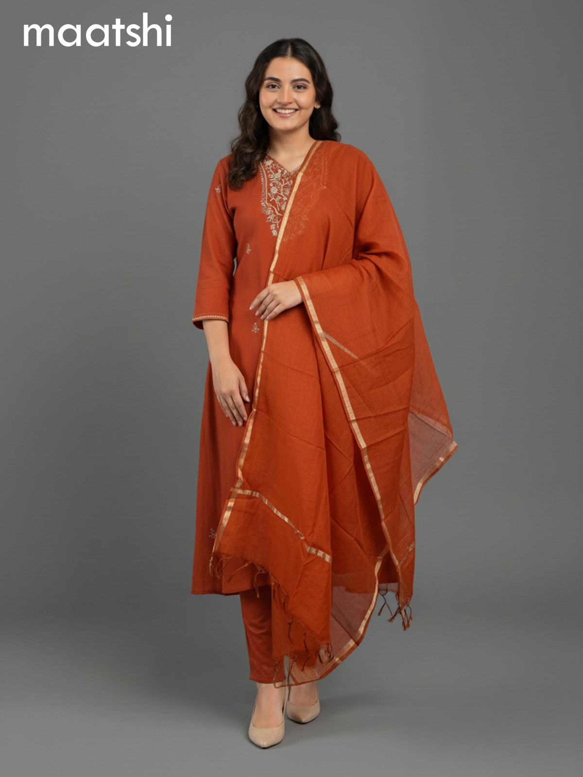 Rustic Orange Mul Chanderi Zardosi Work Anarkali Suit