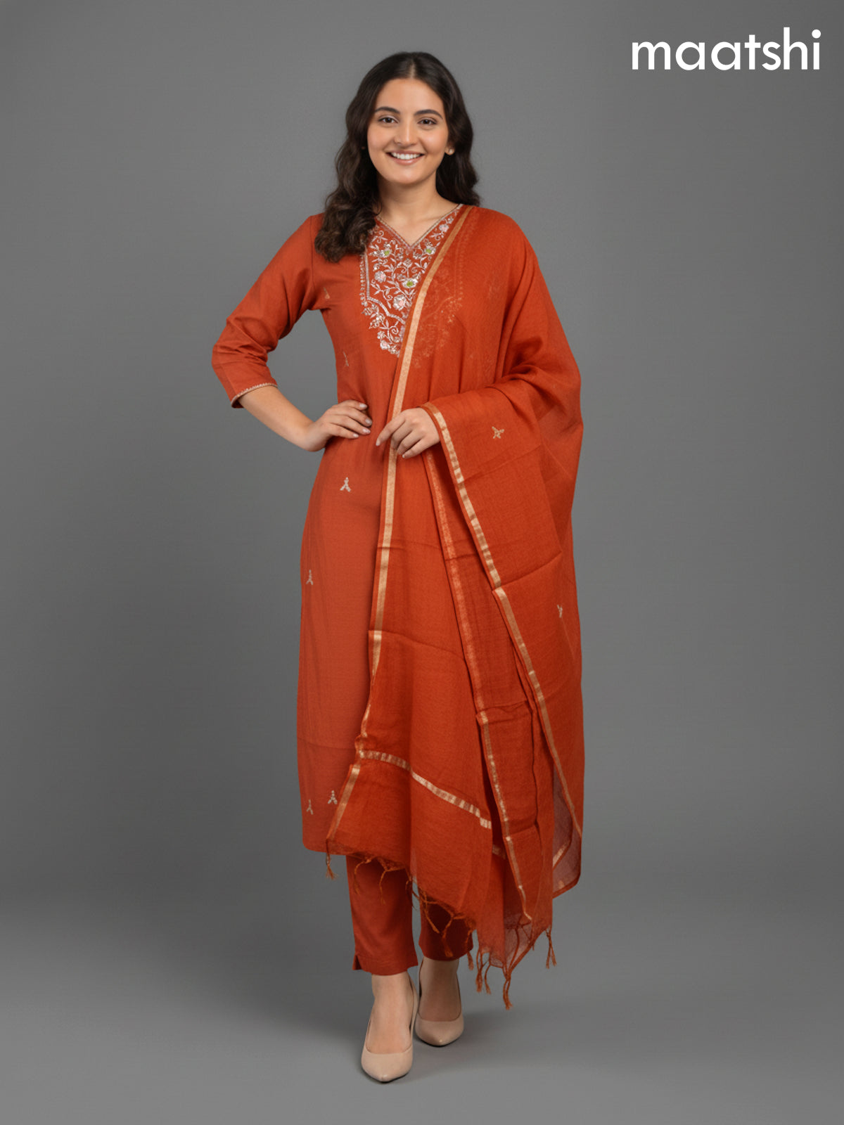 Rustic Orange Mul Chanderi Zardosi Work