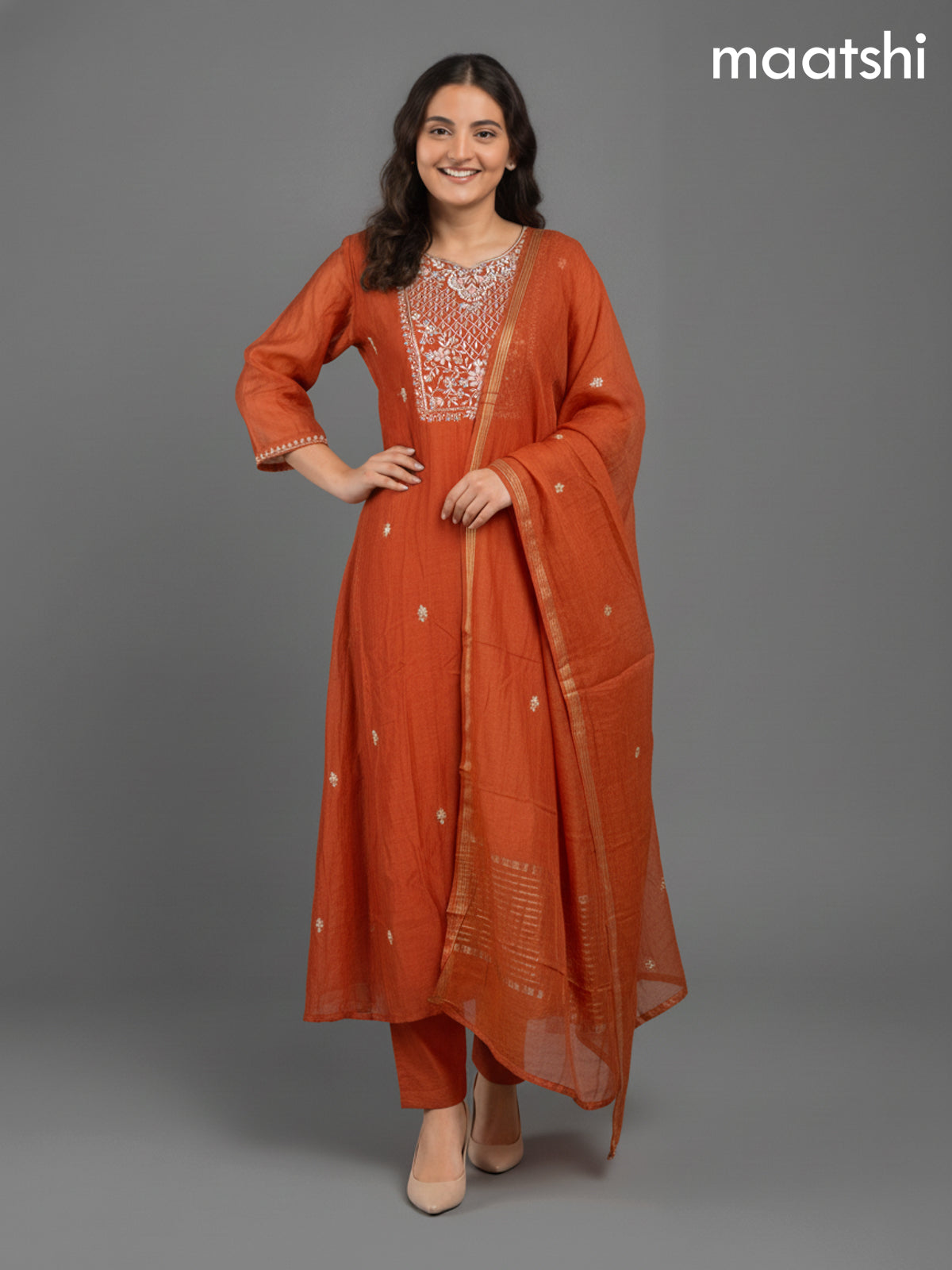 Rustic Orange Mul Chanderi Zardosi Work