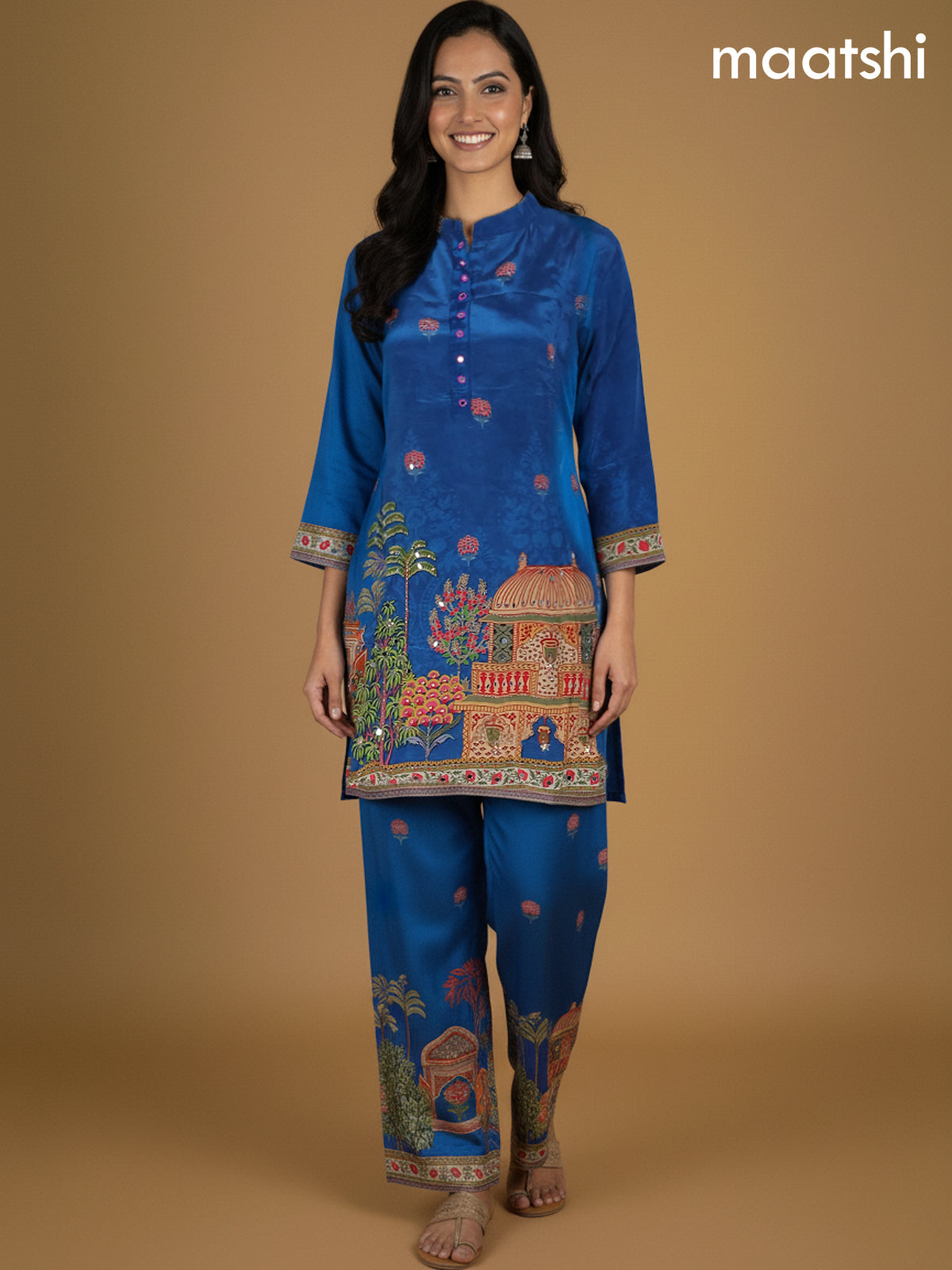 Peacock Blue Crepe Silk Printed Co-Ord Set