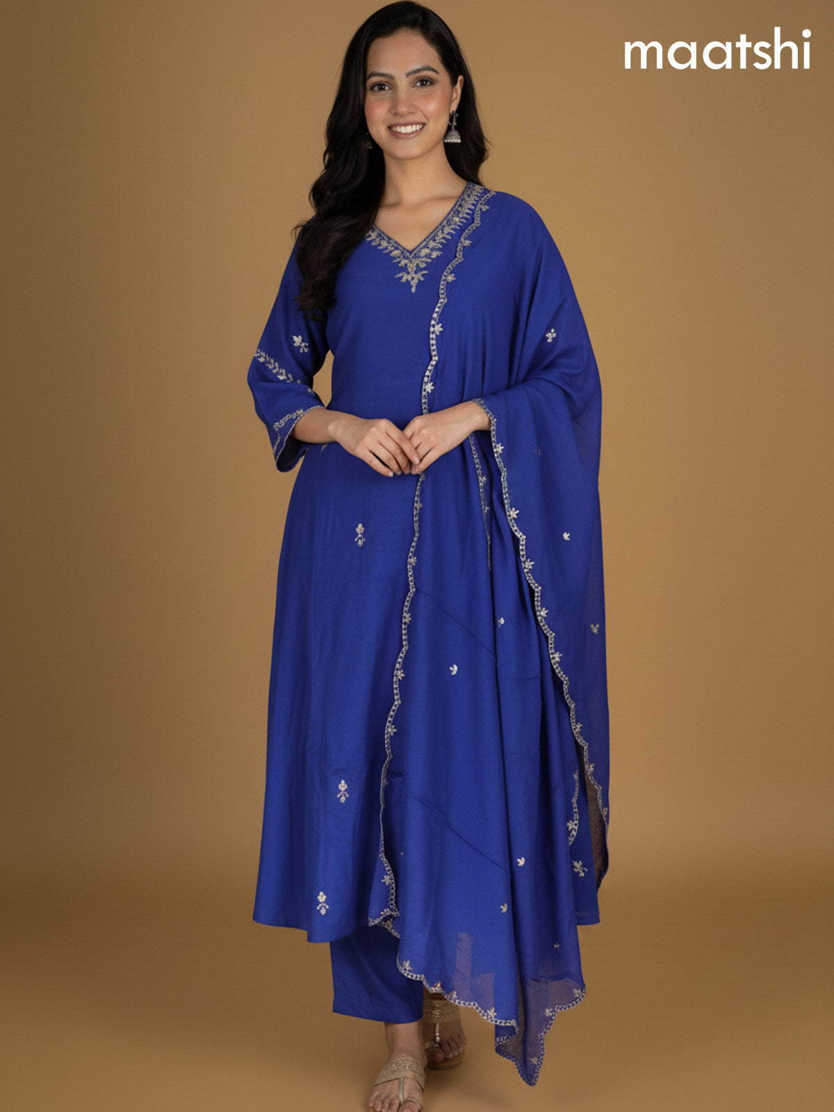 Royal Blue Mul Chanderi Pita Work Neck Pattern A-Line Suit