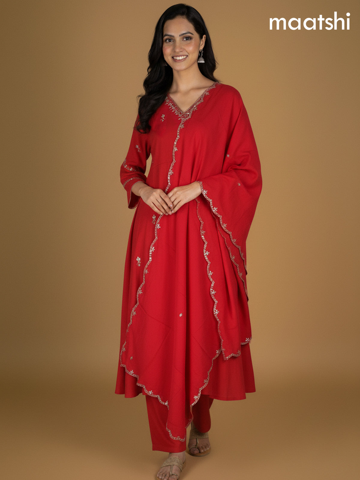 Red Mul Chanderi Pita Work Neck Pattern A-Line Suit