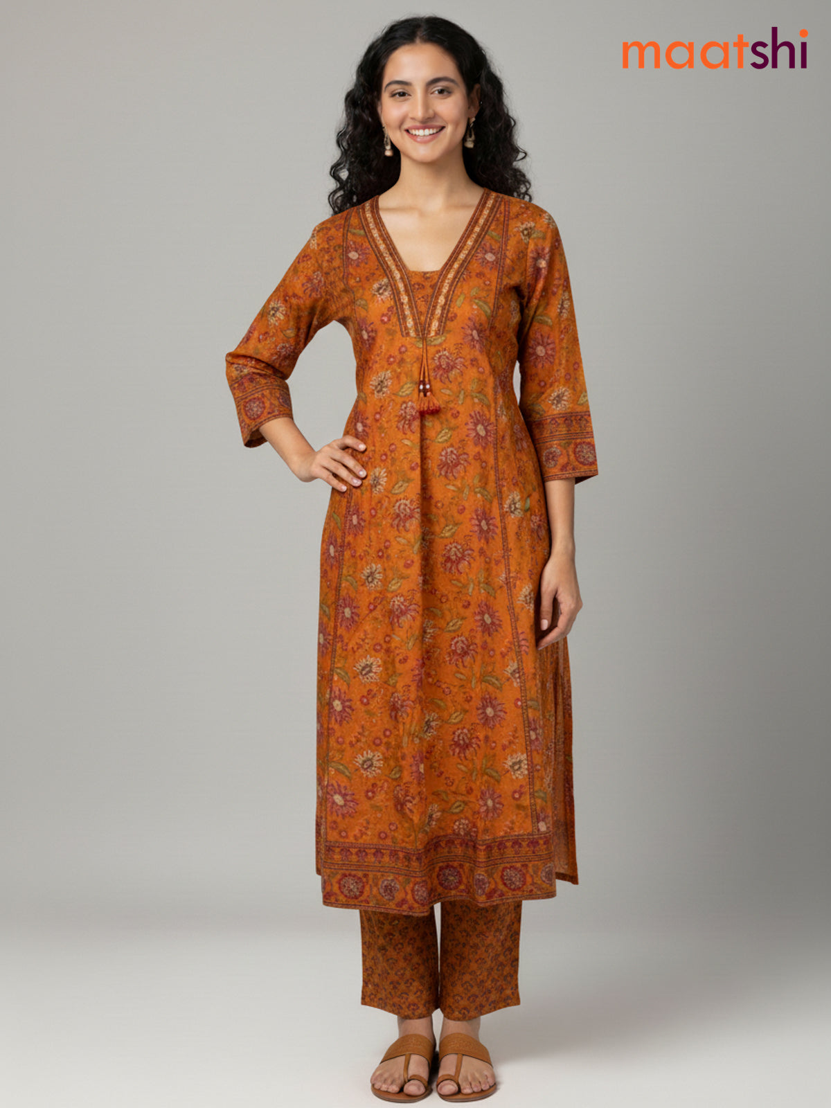 Orange Cotton Kalamkari Printed Anarkali Suit