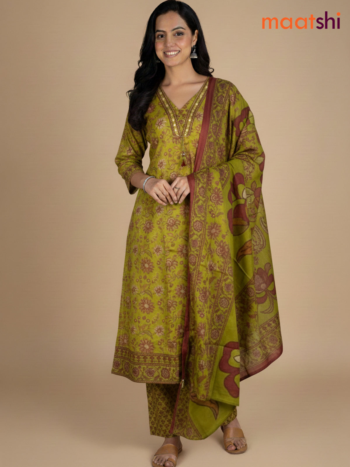 Green Shade Cotton Kalamkari Printed Anarkali Suit