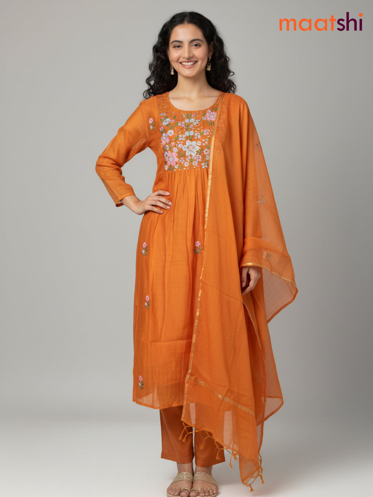 Orange Mul Chanderi Embroidery Work Anarkali Suit