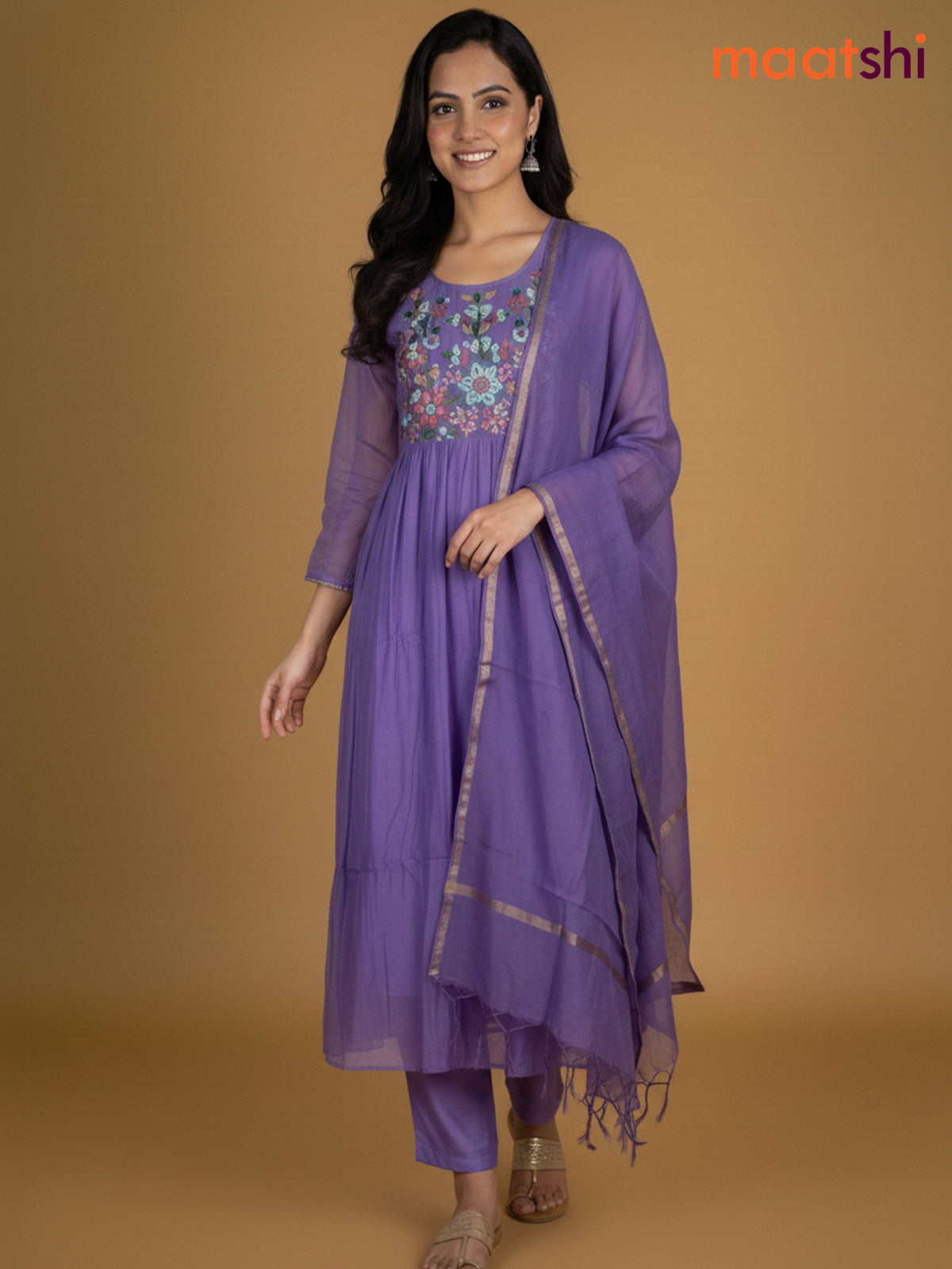 Lavender Mul Chanderi Embroidery Work Anarkali Suit