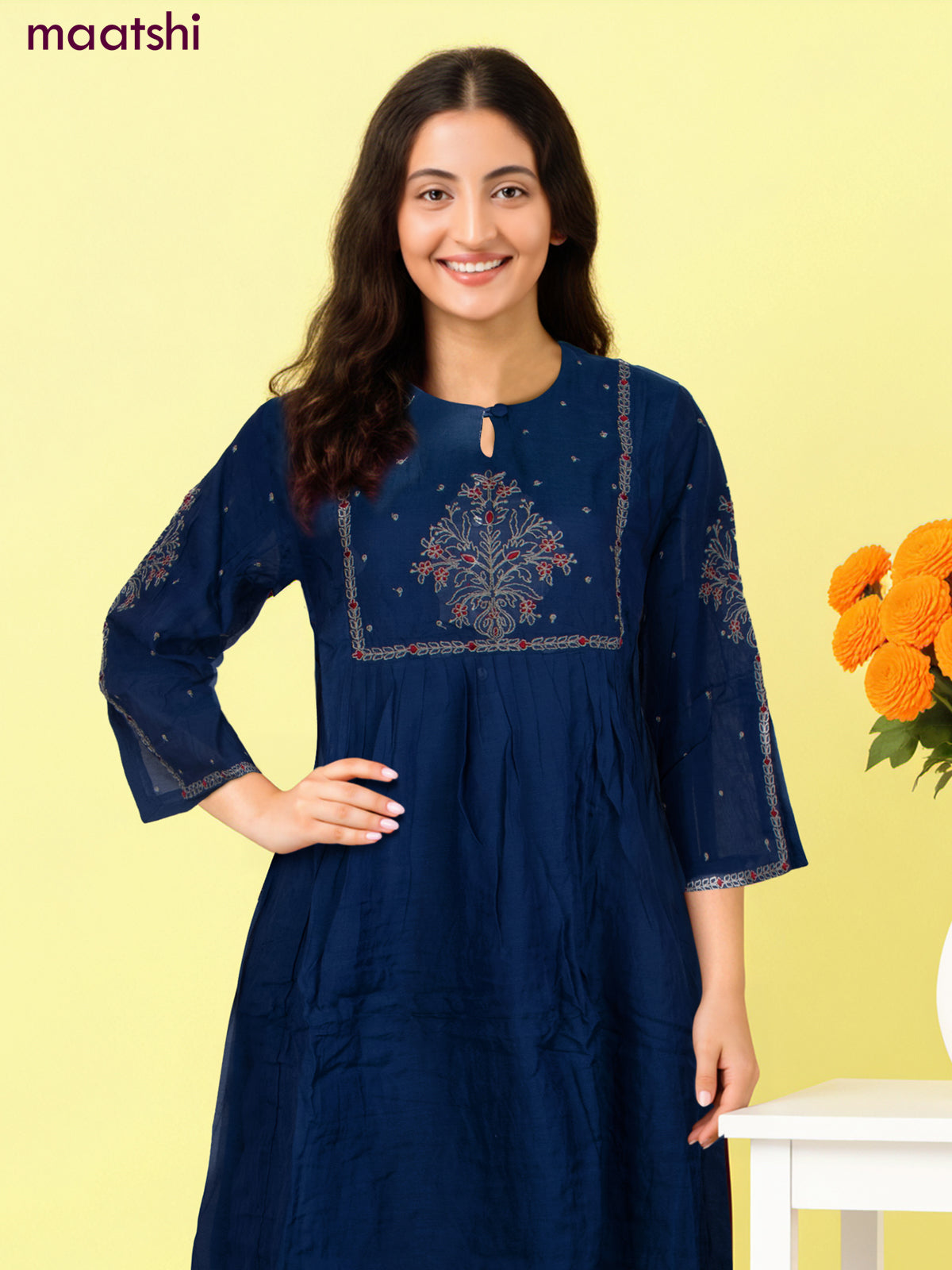 Anarkali salwar suit blue with embroidery work neck pattern and straight cut pant & dupatta