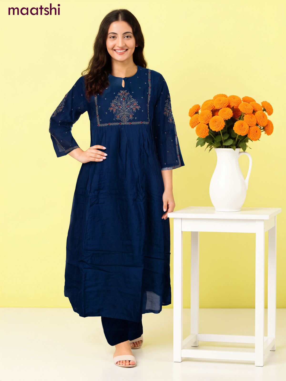 Anarkali salwar suit blue with embroidery work neck pattern and straight cut pant & dupatta