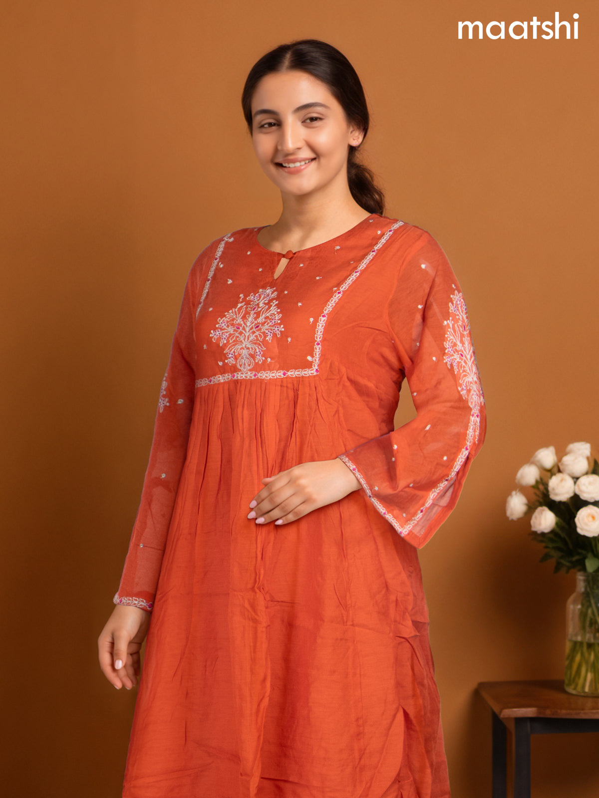 Anarkali salwar suit orange with embroidery work neck pattern and straight cut pant & dupatta