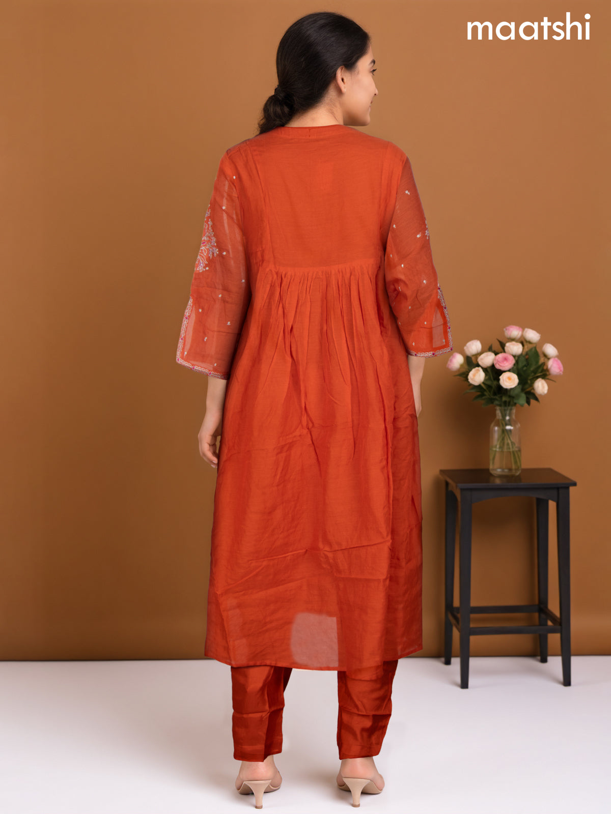 Anarkali salwar suit orange with embroidery work neck pattern and straight cut pant & dupatta
