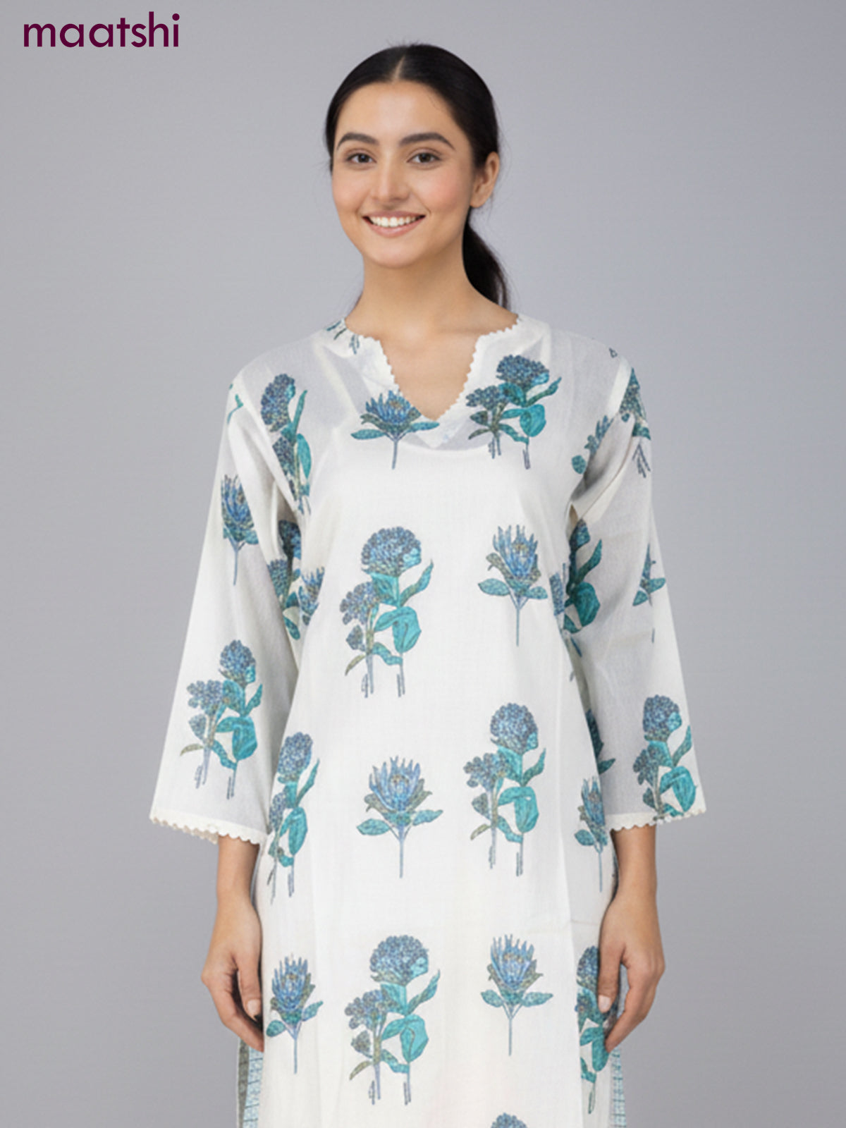 A-line salwar suit off white with slip & lace work neck pattern and and palazzo pant & dupatta