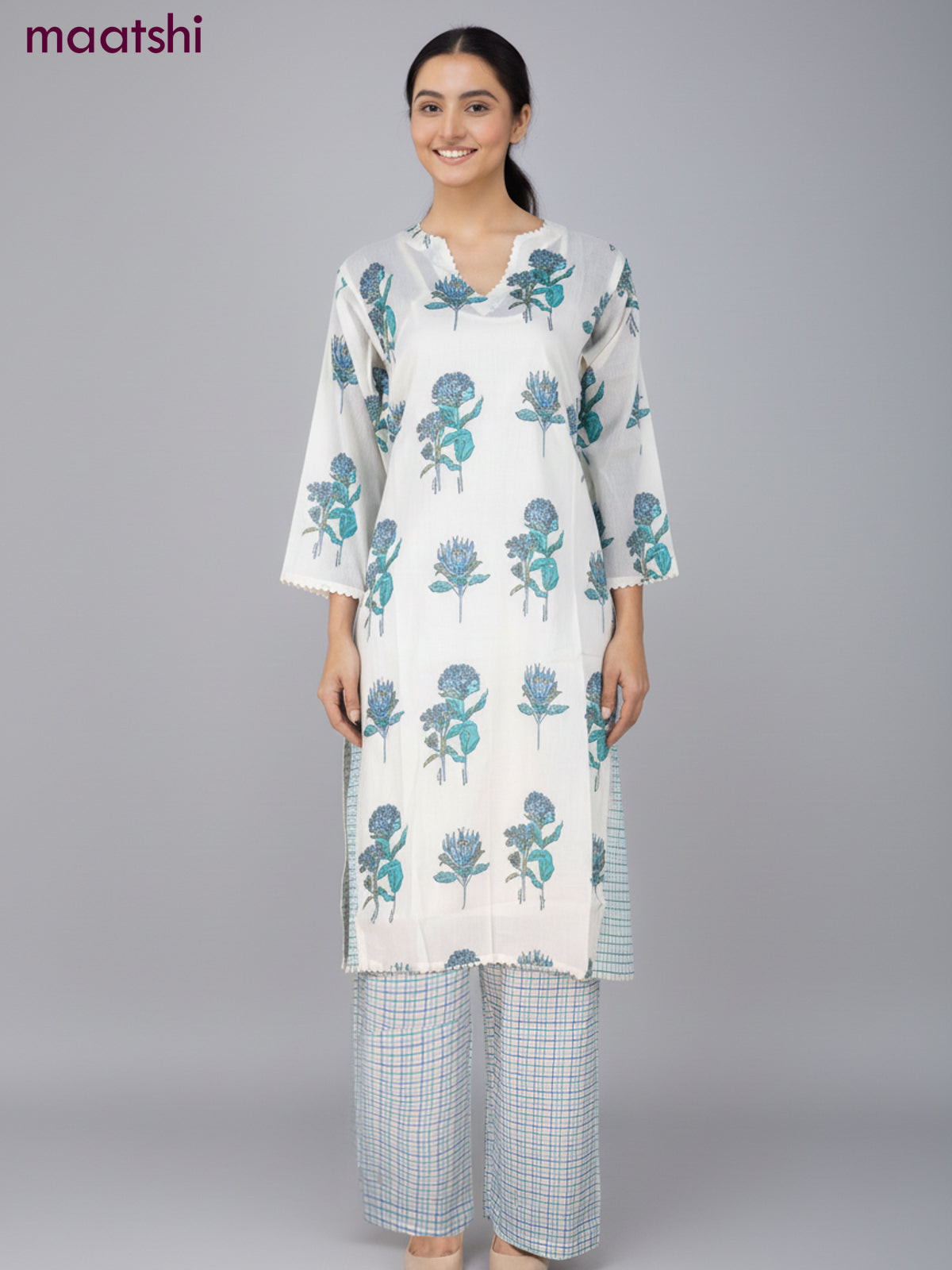 A-line salwar suit off white with slip & lace work neck pattern and and palazzo pant & dupatta