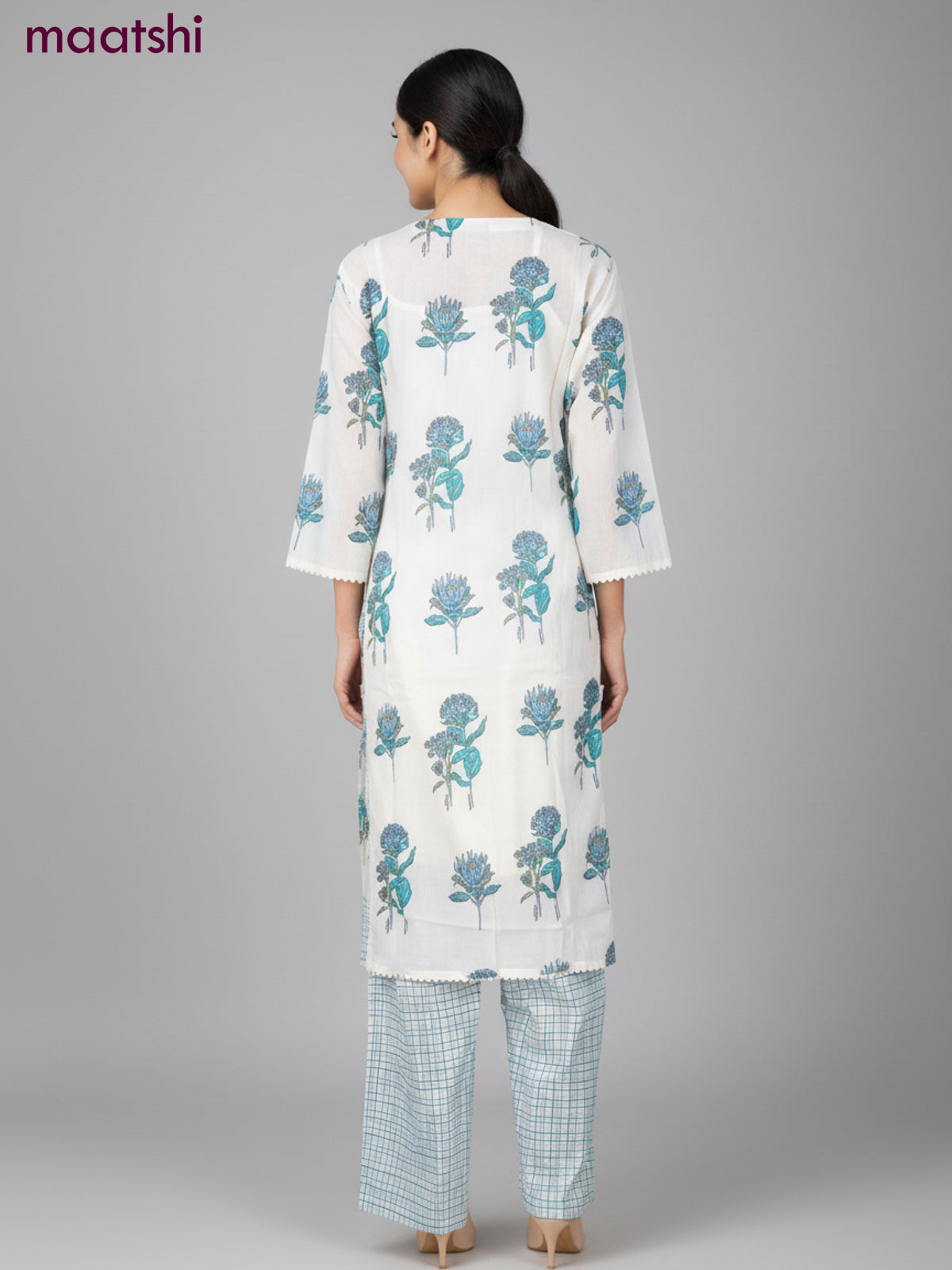 A-line salwar suit off white with slip & lace work neck pattern and and palazzo pant & dupatta