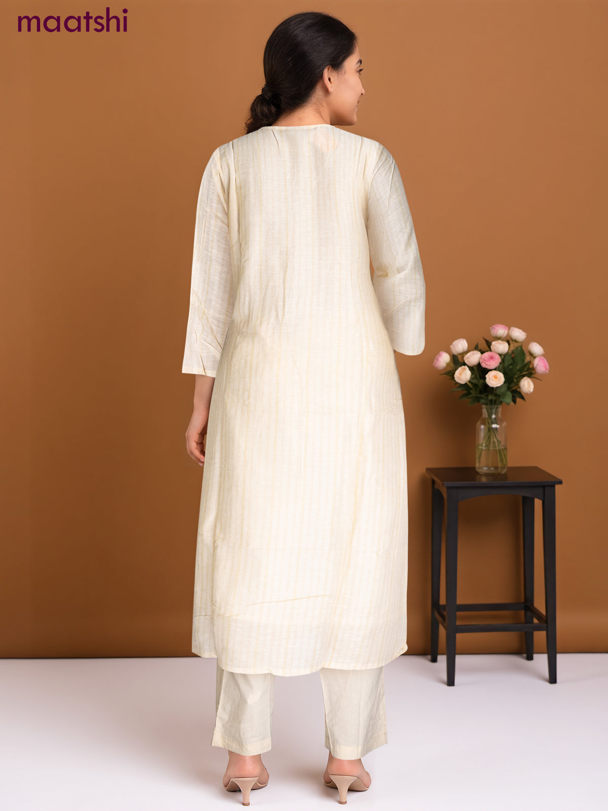 Chanderi salwar suit cream with ikat weaves & mirror work neck pattern and straight cut pant & chiffon dupatta
