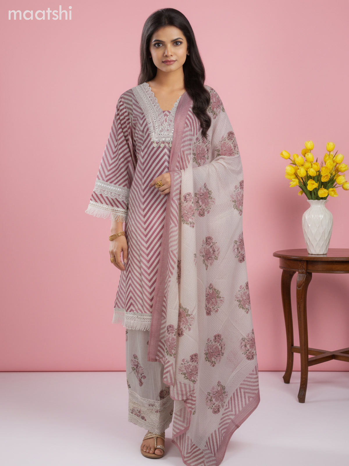 A-line salwar suit off white with bell sleeve & lace work neck pattern and palazzo pant & kota dupatta