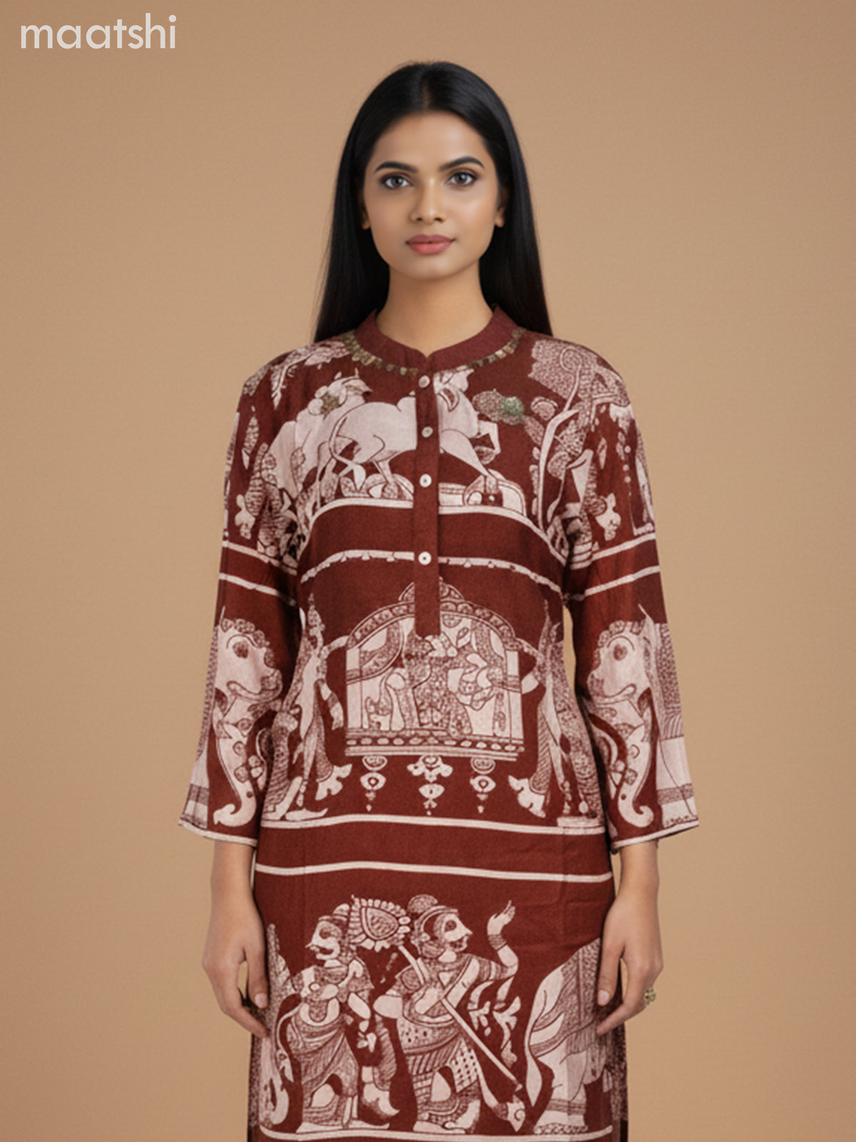 Modal kurti set maroon with allover kalamkari prints & simple neck pattern and palazzo pant