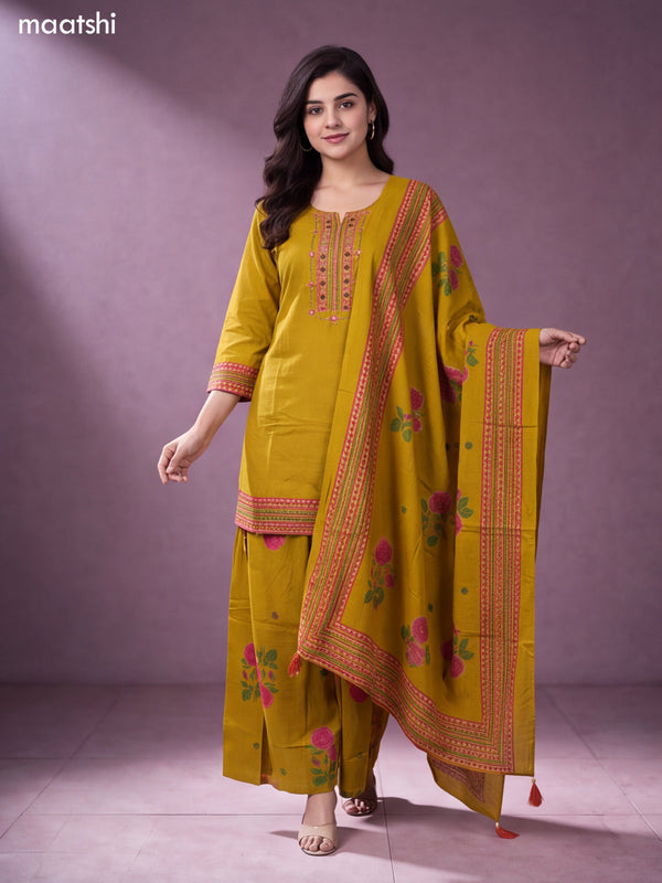 Mustard Cotton Printed & Embroidery Work Short Straight Suit