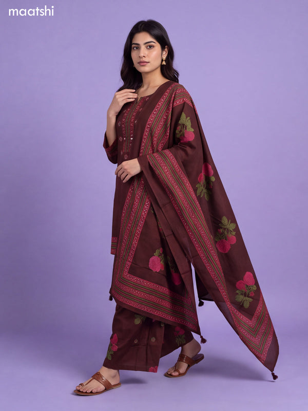 Coffee Brown Cotton Printed & Embroidery Work Short Straight Suit