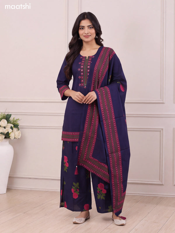 Dark Blue Cotton Printed & Embroidery Work Short Straight Suit