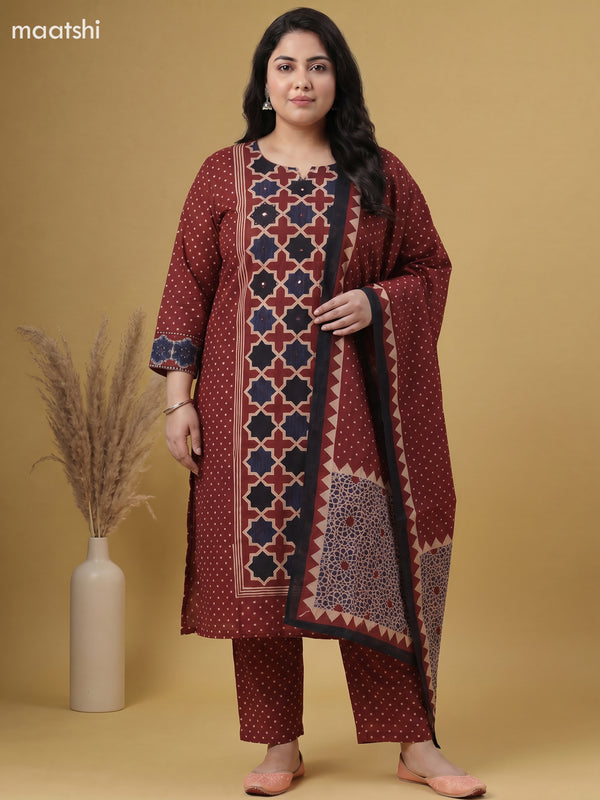Maroon Cotton Printed Straight Suit