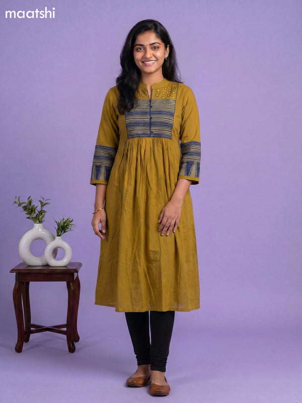 Mustard Yellow Cotton Embroidery Work Anarkali Kurti