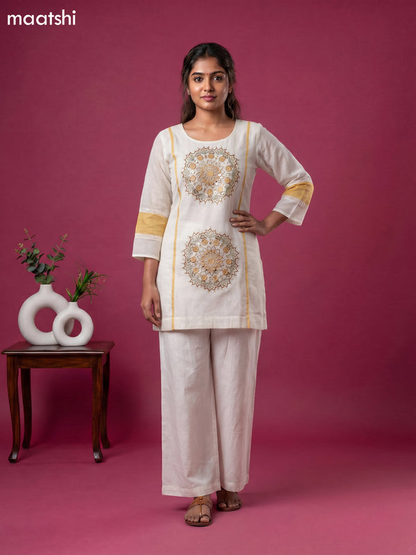 Cream and Mustard Cotton Embroidery Work Short Co-Ord Set