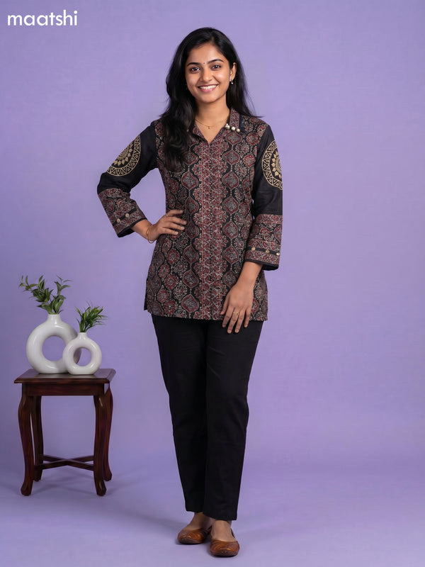Black and Multi Colour Crepe Silk Ajrakh Printed Women Shirt