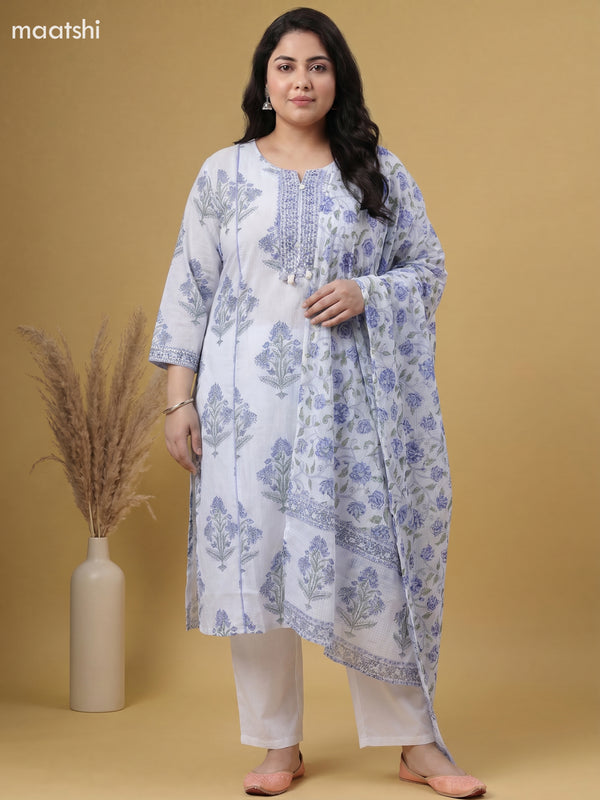 Teal Blue Cotton Floral Printed Straight Suit