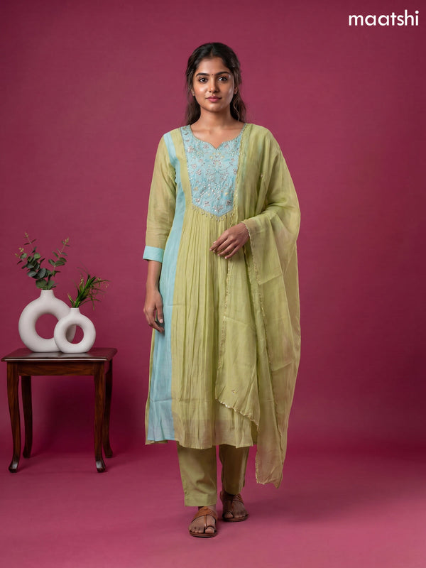 Green and Teal Blue Mul Chanderi Embroidery Work Anarkali Suit