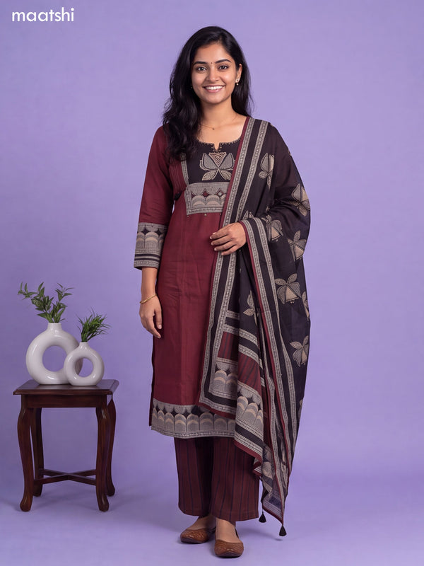 Brown and Black Cotton Printed & Simple Embroidery Work Straight Suit