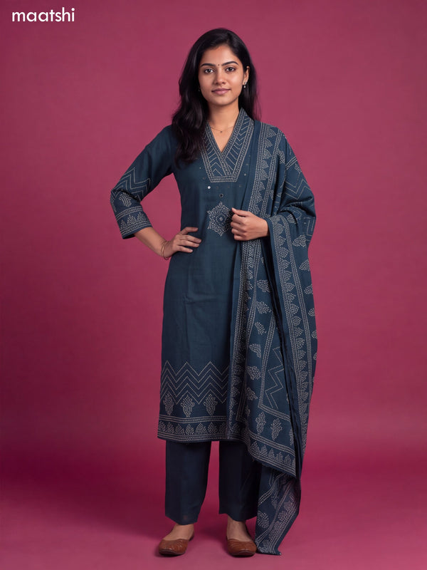 Peacock Green Cotton Bandhani Printed & Simple Embroidery Work Straight Suit
